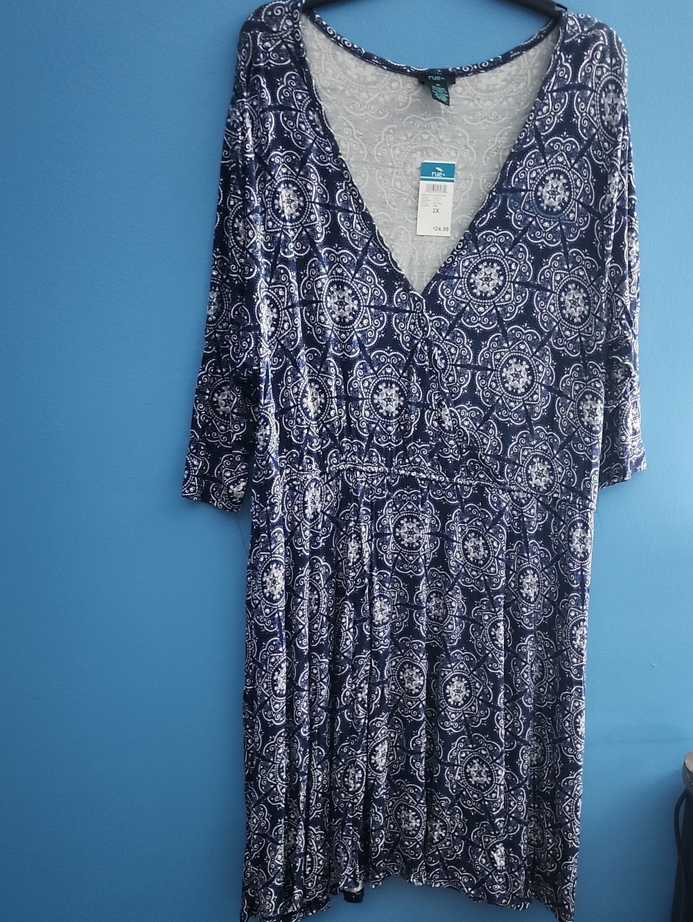Navy and White Printed V‑Neck Dress